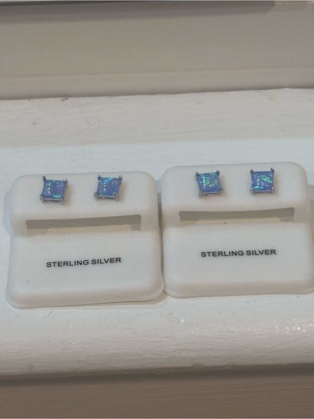 Sterling Silver Blue Fire Opal Square Stud Earrings